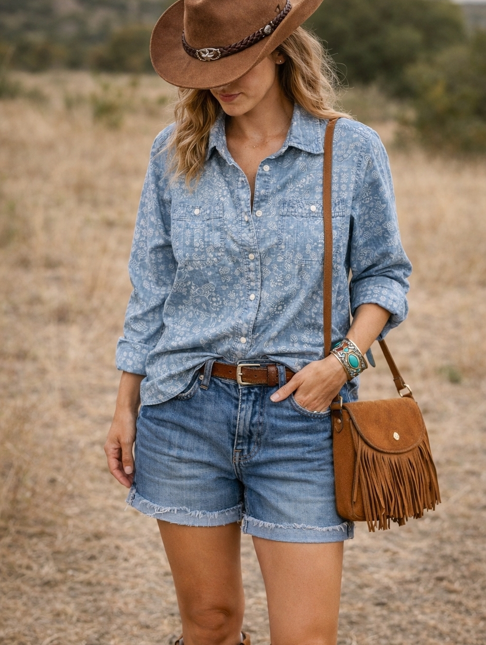 Lands End Denim Shirt L Petite Paisley Bandana Print Oversized Western Boho